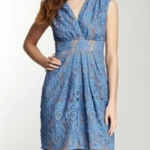 Eva Franco | Dresses | Eva Franco Blue Lace Sheath Dress Womens Size 8 Mini  Pleated | Poshmark